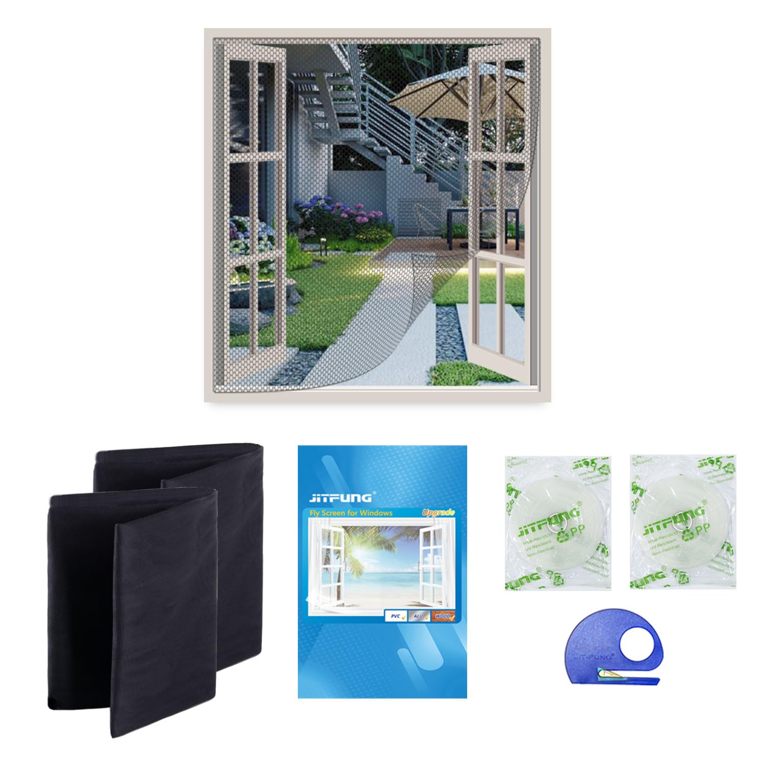 JIT-FUNG DIY Fly Screen for Windows, 2 Packs of Mosquito Net Insect Mesh 130x155CM with 2 Rolls [UPGARDE] Self-Adhesive Tapes & Cutter, Black (Honeycomb, Set of 2)