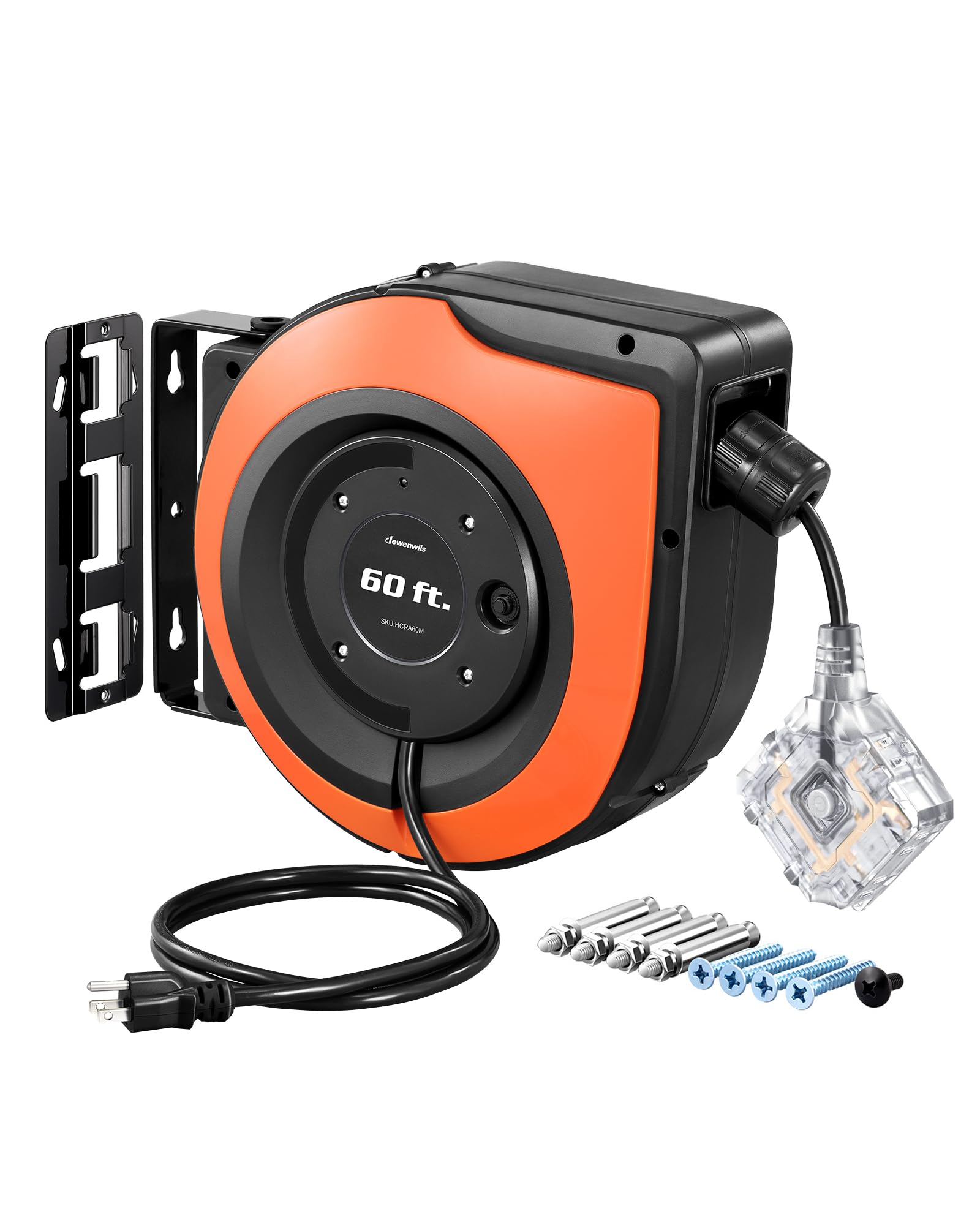 Photo 1 of DEWENWILS 60 FT Retractable Extension Cord Reel, 12/3C SJTOW Heavy Duty Power Cord, Twist-lock Stopper, 6 Grounded Outlets, 15A Circuit Breaker, Wall/Ceiling Mounted for Garage, Workshop, ETL Listed