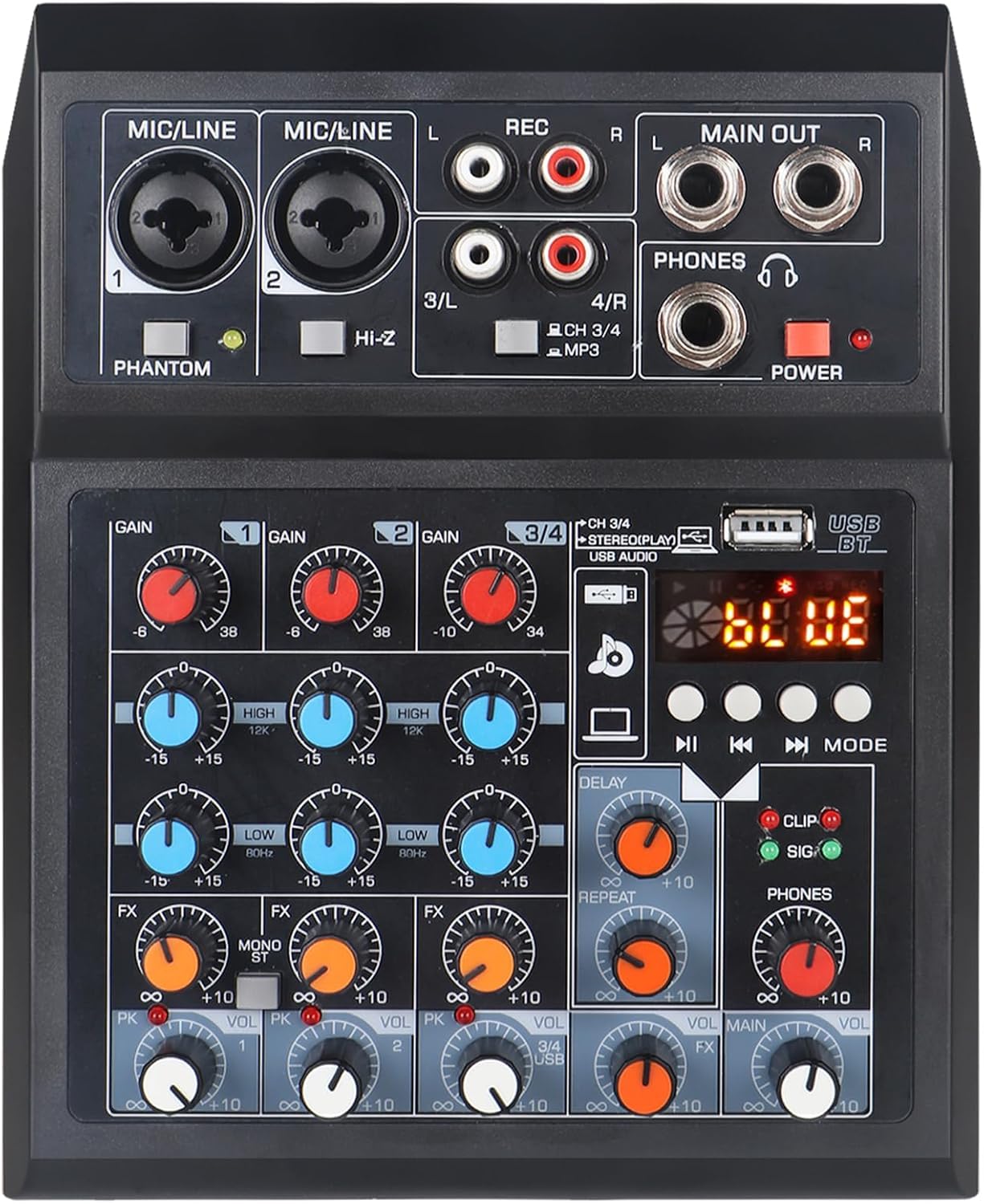 Photo 1 of 4 Channel Audio Mixer, DJ Mixers Sound Board with Bluetooth, Sound Mixer Board XRL/1/4" Interface, USB/MP3 Computer Input 48V Phantom Power Stereo Studio Streaming KTV Stage