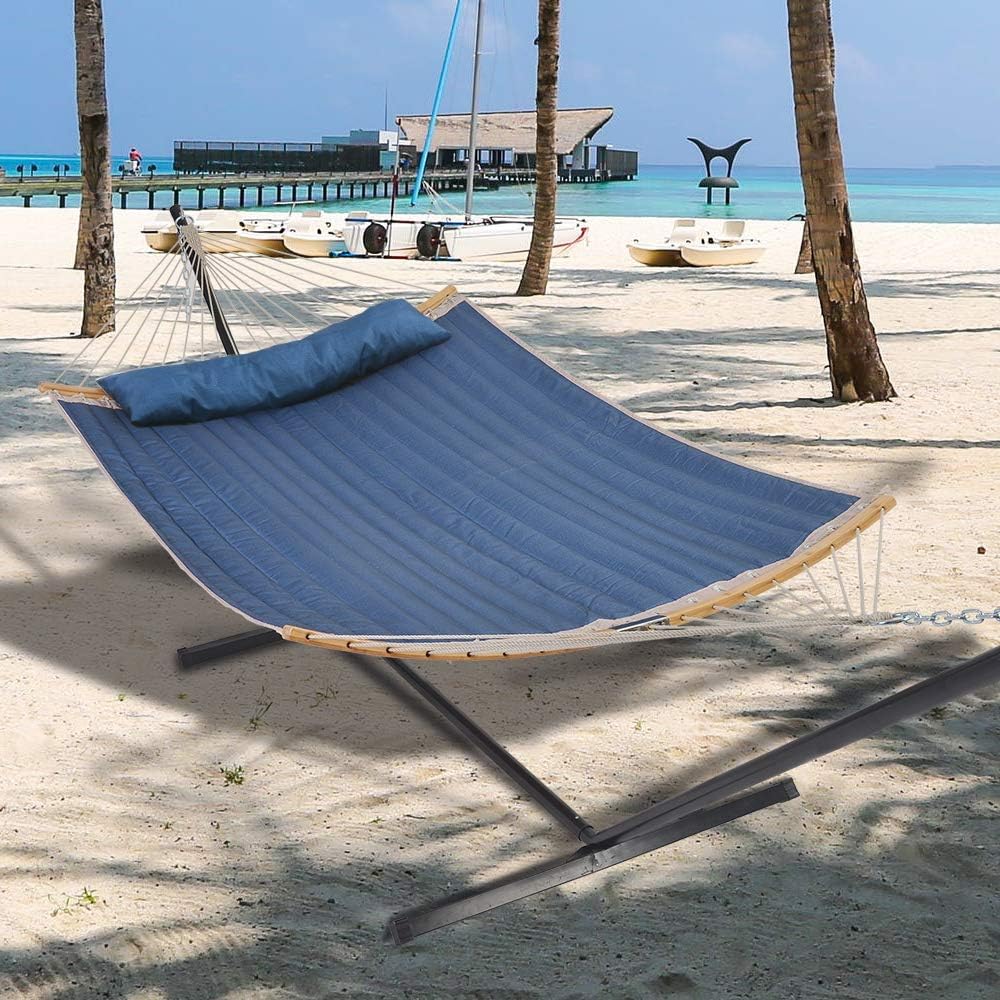 Patio Watcher 11 Feet Quilted Fabric Hammock with Curved-Bar Bamboo and Detachable Pillow, Double Hammock Perfect for Patio Yard Dark Blue : Garden & Outdoor