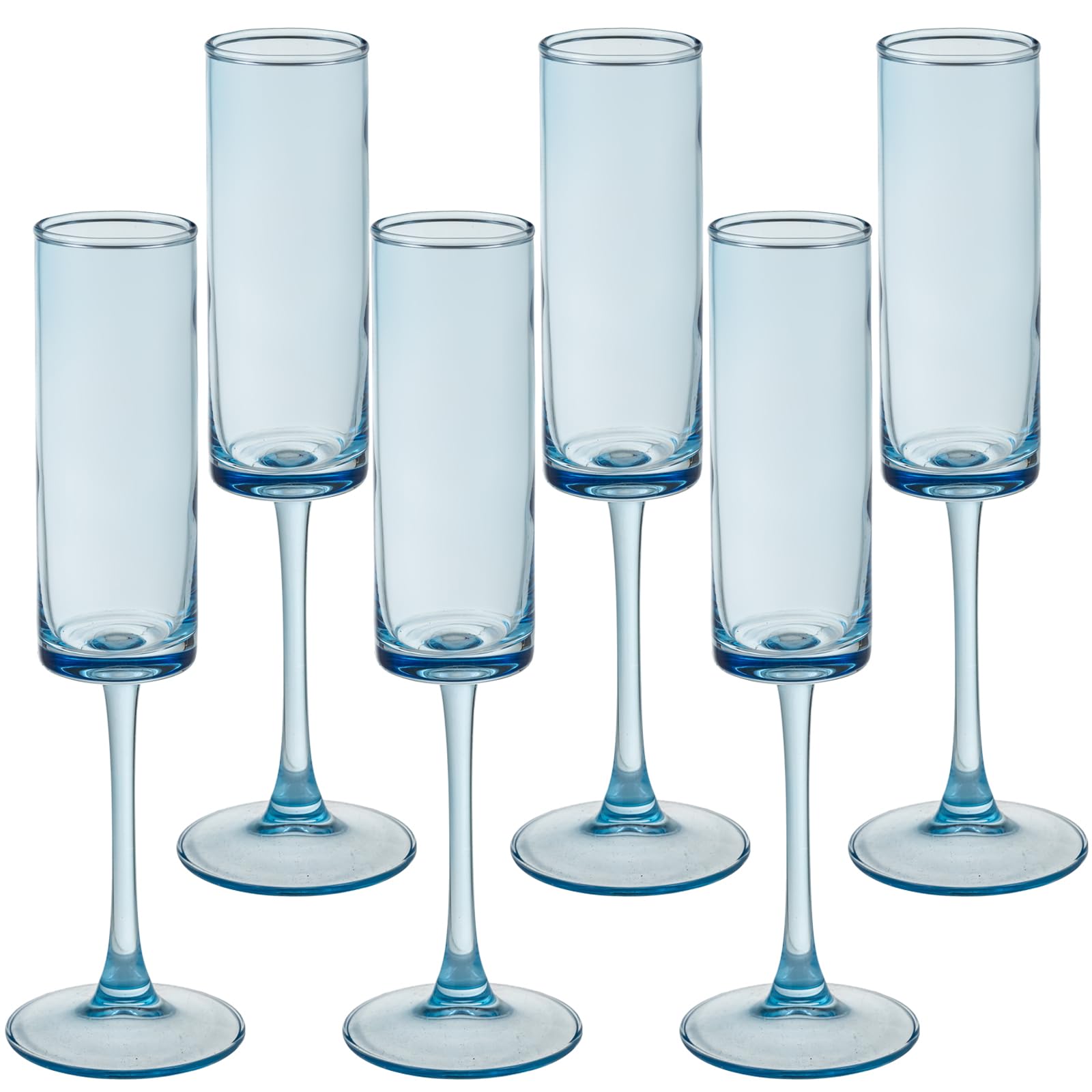 Photo 1 of 6 Pieces Blue Champagne Flutes 6 OZ Straight Sided Wine Glasses Champagne Long Stem Drinking Colored Glasses,Set of 6 Hand Blown Champagne Flutes Goblets for Wedding Cocktail Cups,Cava, Prosecco
