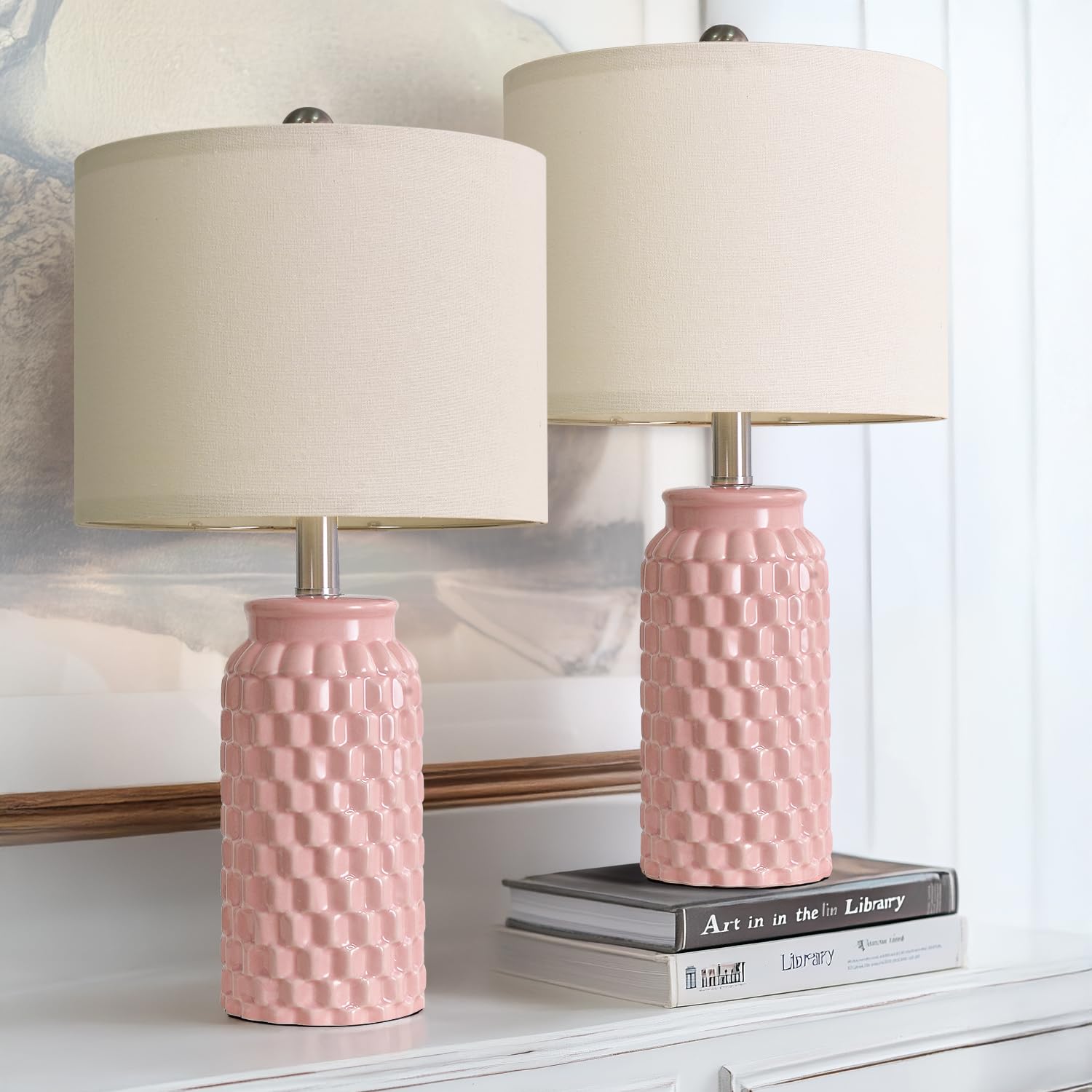 USumkky 20.5" Pink Table Lamps Set of 2,Modern Farmhouse Bedside Lamps - Ceramic Nightstand Lamps for Bedroom,Boho Living Room End Tables,Small Office Desk Lamp Image