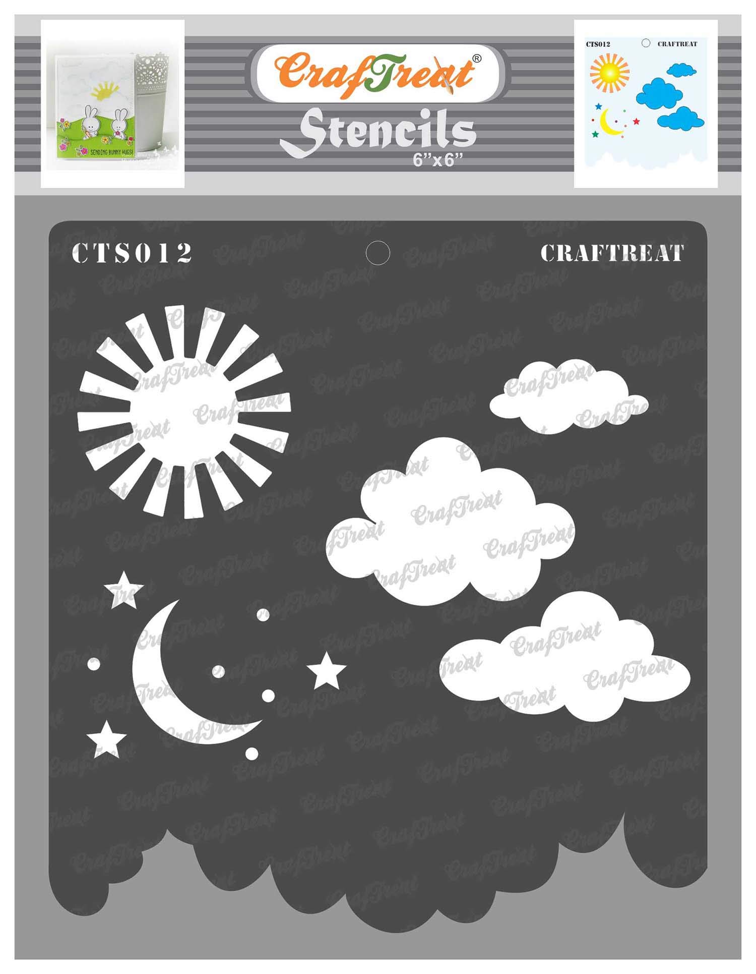 CrafTreat Star Stencils for Painting on Wood, Canvas, Paper, Fabric, Floor, Wall and Tile - Clouds and Stars - 6x6 Inches Each - Reusable DIY Art and Craft Stencils - Sun Moon and Stars Stencil