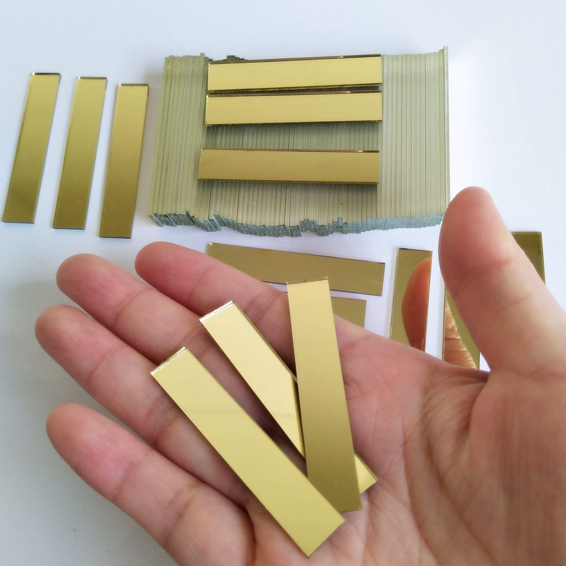Small Glass Rectangle Craft Mirrors,Rectangle Mosaic Tiles,Glass Mirror Mosaic 100PCS (Yellow Gold, 9.5x50.8mm)