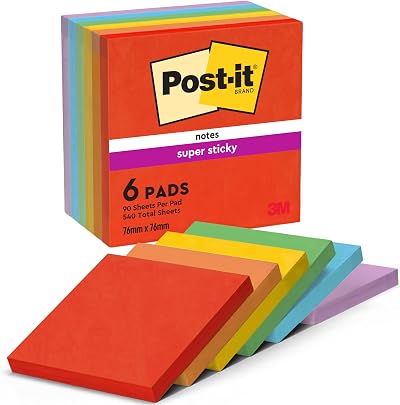 Post-it Super Sticky Notes 540 Sheets Pack of 6 76x76 mm Assorted Colors