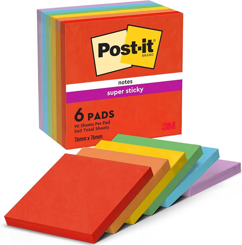 Post-it Super Sticky Notes 540 Sheets Pack of 6 76x76 mm Assorted Colors
