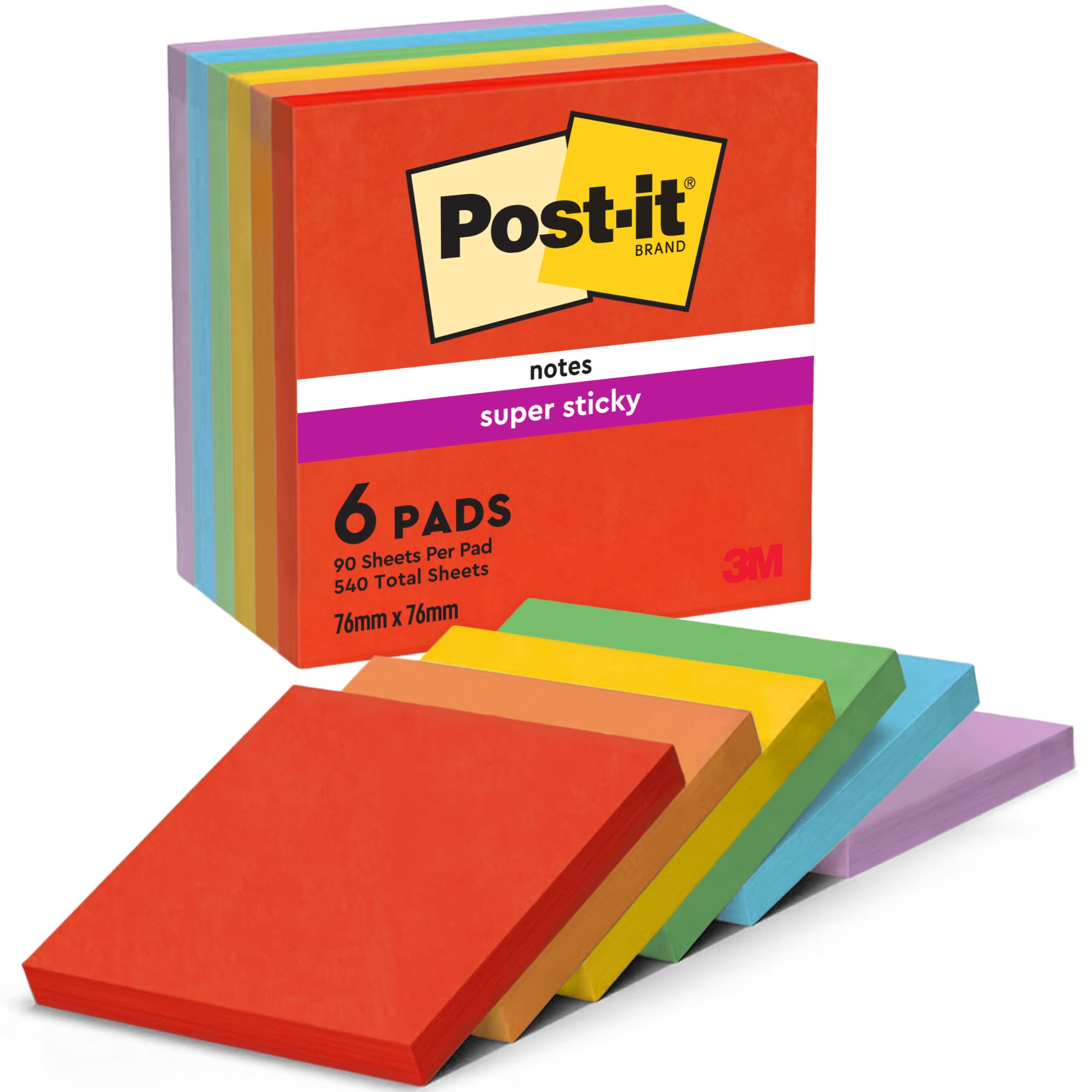 Post-it Super Sticky Notes, 540 Sheets, Pack of 6 Pads, 76 mm x 76 mm - Holds Strong to Many Surfaces - Bright Colours - for Walls, Monitors and Fridge, Recycable