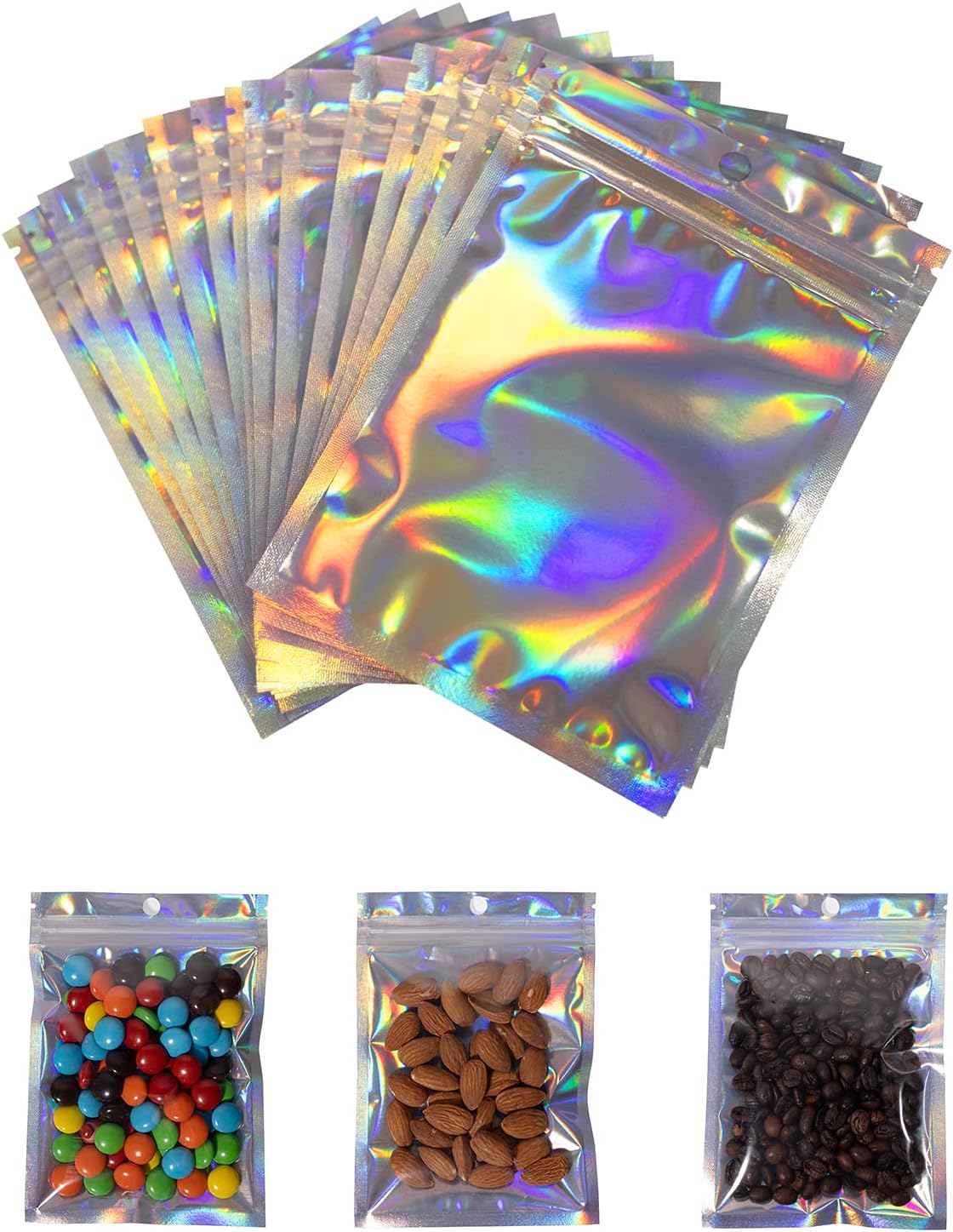 100 Pieces Resealable Mylar Ziplock Food Storage Bags/smell proof bag for coffee bean and Bulk Food Self Sealing Storage Supplies (Holographic 4x6“ Pack of 100)
