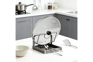 Kitchen Pot Lid Storage Rack, Pot Lid Organizer with Removable Tray & Spoon Rest, Pot Lid Holder while Cooking Space-Saving W