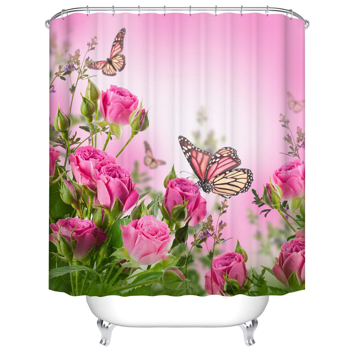 Pink Rose Flower Butterfly Shower Curtain, Romance Butterflies on Blooming Rose Floral Spring Scenic Bath Curtains Polyester Fabric with Hooks, 180 x 180 cm