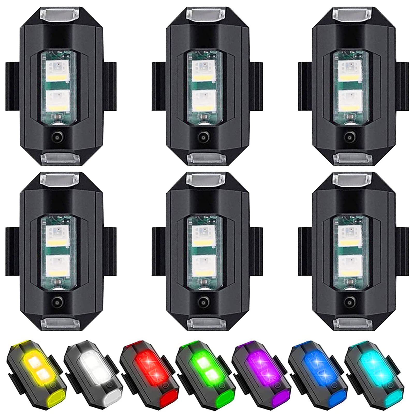 Funmo 6 Pcs LED Aircraft Strobe Lights USB Charging 7 Colors LED Strobe Drone Light Anti-Collision Night Lights for Motorcycle, Drone, Bicycle, RC Car (LH14-Warning light)