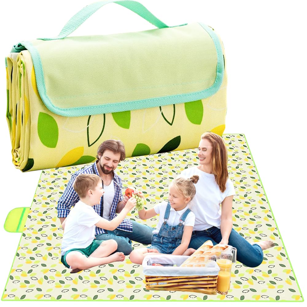 Tyuodna Large Picnic Blanket 200 x 200 cm,Beach Blanket Waterproof and Sand Proof with Carrying Handle,Foldable Picnic Blanket Large Padded,Beach Mat Picnic Mat Machine Washable (green leaf)