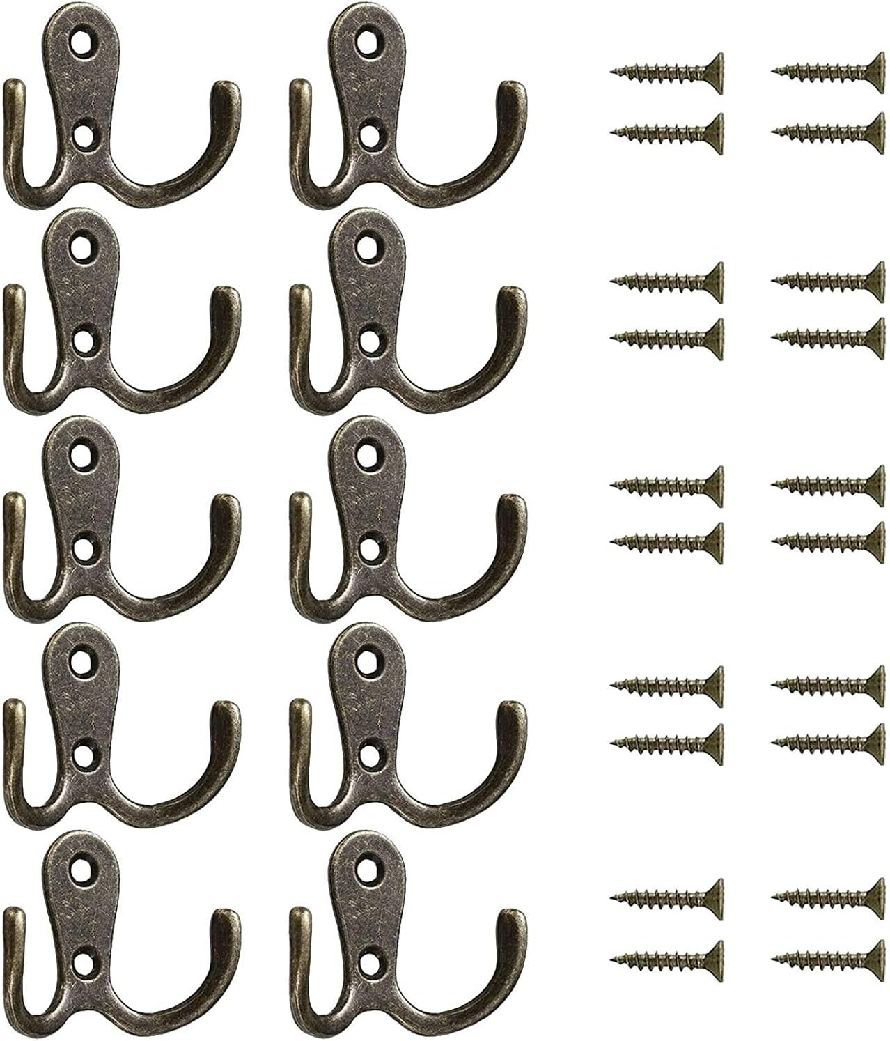 Namvo 10 Pcs Double Coat Hook Vintage Metal Hook Bronze Hat Clothes Towel Hook Antique Twin Robe Hook Dual Hooks Hanger Wall Mounted Door Hanging Hooks for Kitchen Bathroom Bedroom with Screws