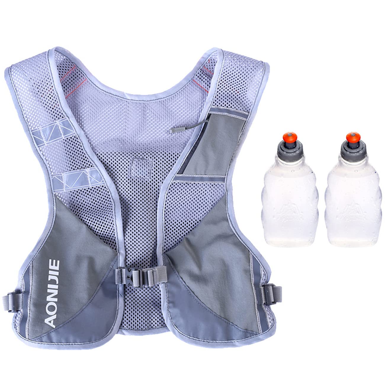 SANIQUEEN.G Reflective Hydration Pack Backpack Running Hydration Vest Marathon Runner Rucksack Cycling for Men & Women (Grey - with 2 250 Water Bottles)