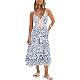 CUPSHE Womens Boho Midi Dresses Summer Spaghetti Strap Crochet Lace V Neck Drawstring Waist Beach Vacation Casual Sundress