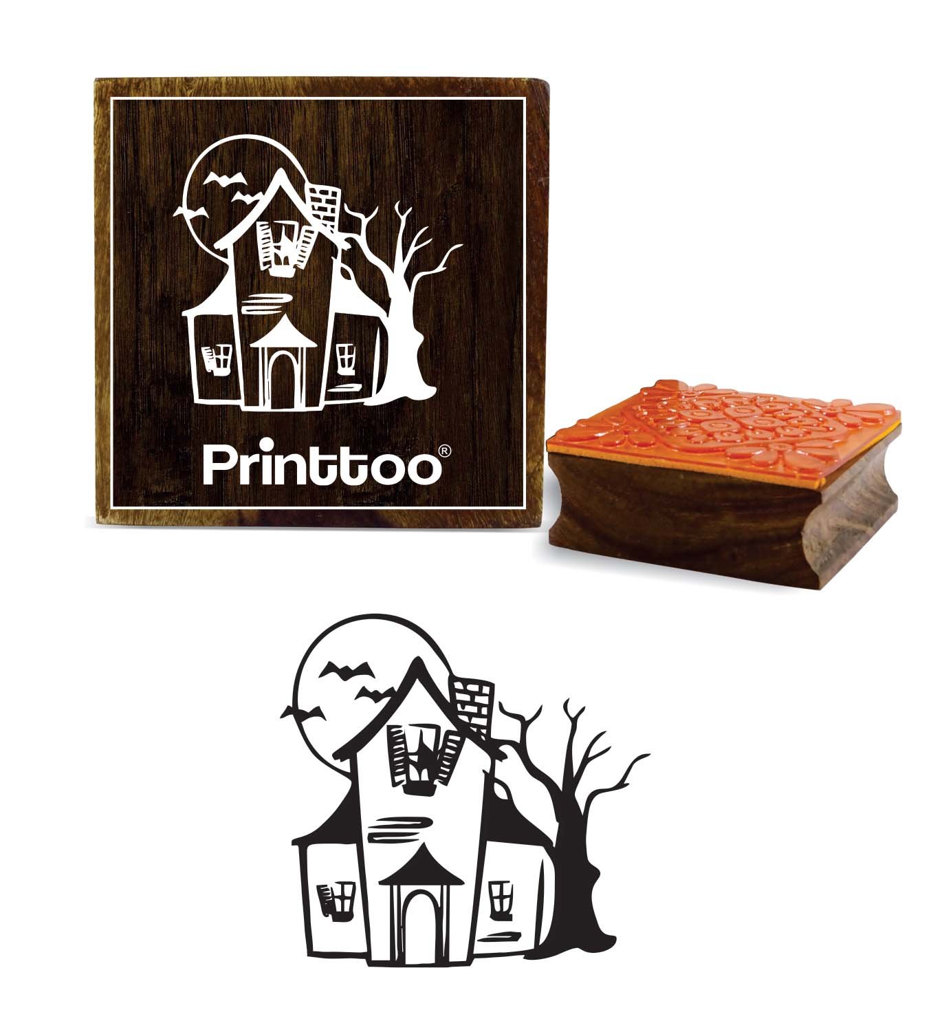 Printtoo Halloween Hunted House Design Square Wooden Rubber Stamp Brown Block-3 x 3 Inches
