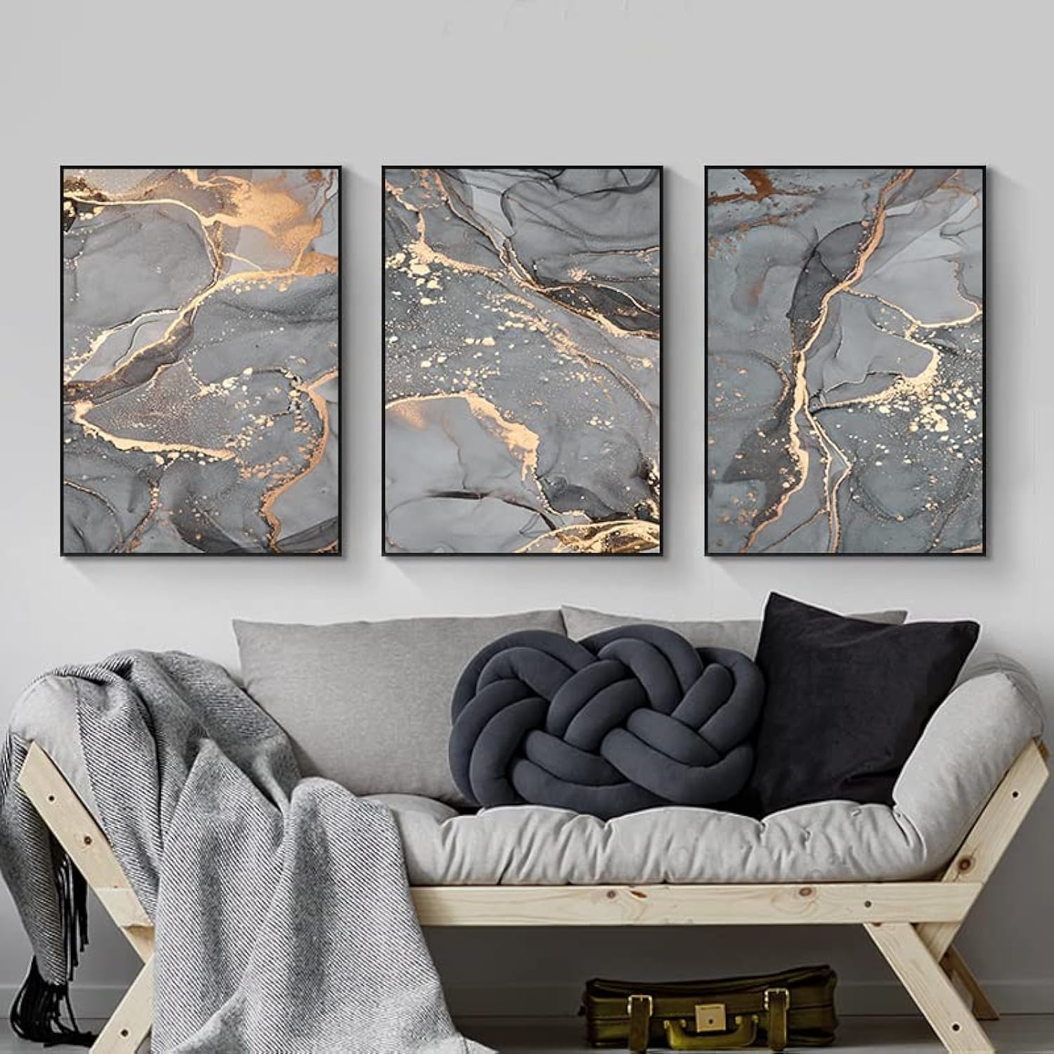 LYBOHO Wall Pictures Living Room Grey Golden Fluid Art Marble Texture Abstract Wall Art Canvas Pictures - Without Frame (Marbled 3, 3PCS-60x90cm)