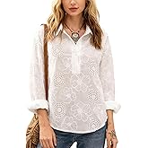 ZIMSSI Womens Dressy Casual Button Shirts Long Sleeve Eyelet Tops V Neck Blouses Basic Tee White