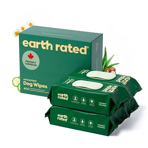 Earth Rated (A Canadian Company) Pet Wipes for Dogs and Cats, Hypoallergenic, Cleaning and Hydrating, for Grooming Paws, Body and Butt, Unscented, 400 Count