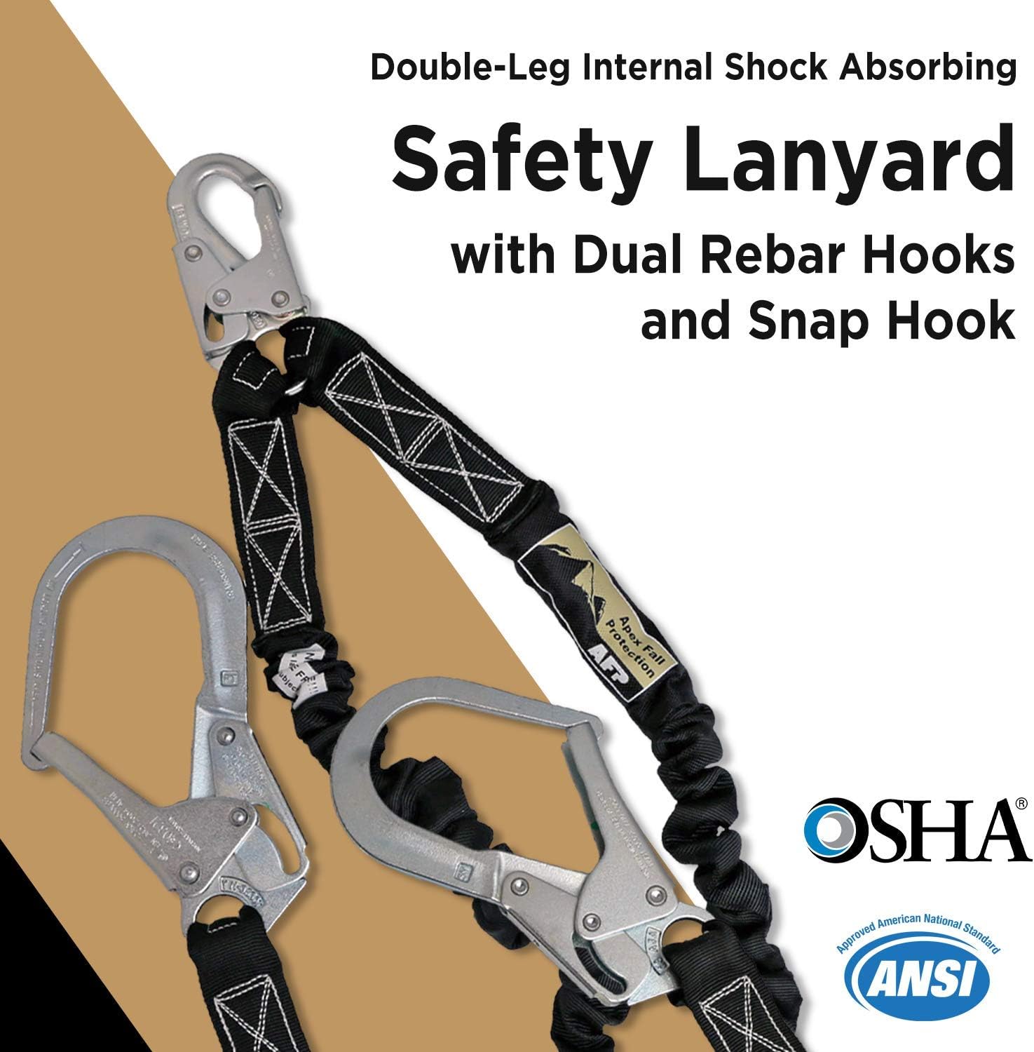 AFP 6FT Double Leg Internal Shock Absorbing Safety Fall Protection Lanyard with Dual Aluminum Pelican Rebar & Steel Snap Hook |Heavy-Duty Webbing | OSHA & ANSI Rated (Aluminum): Automotive