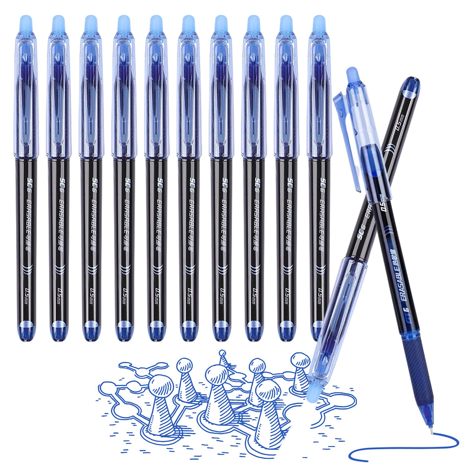 Surcotto 12pcs Erasable Pens Blue, Friction Pens with Rubber, Rub Out Pens with Eraser, Eraser Pen for Kids Adults School Writing Office Stationary Supplies, Erase Clean Easily, Paper Harmless