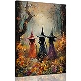 ILLBDR Halloween Canvas Wall Art Prints Creepy Witchy Silhouette Vintage Painting Poster Gothic Dark Moody Pictures Decor for Gallery Living Room Bedroom Bathroom 12x16 inch Framed