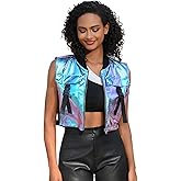 Perfashion Cropped Vest For Women Buckle Zip Up Metallic Cargo Cyberpunk Jacket With Pockets Streetwear Rave Outfit