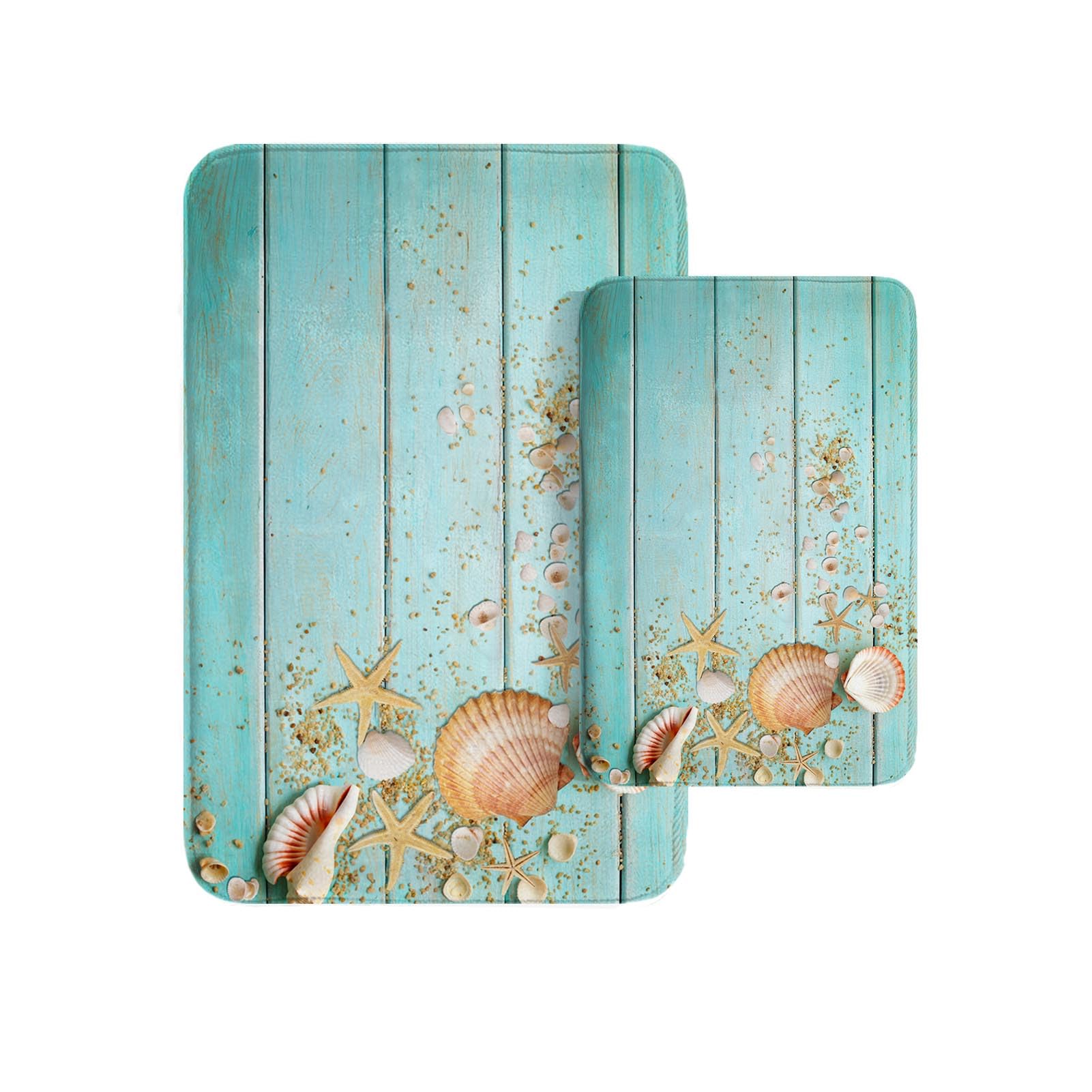 Photo 1 of Britimes Beach Shell Sea Bathroom Rug Mat Set of 2, Boho Blue Wood Pattern Washable Cover Floor Rug Carpets Floor Bath Mat Bathroom Decorations 16x24 and 20x32 Inches