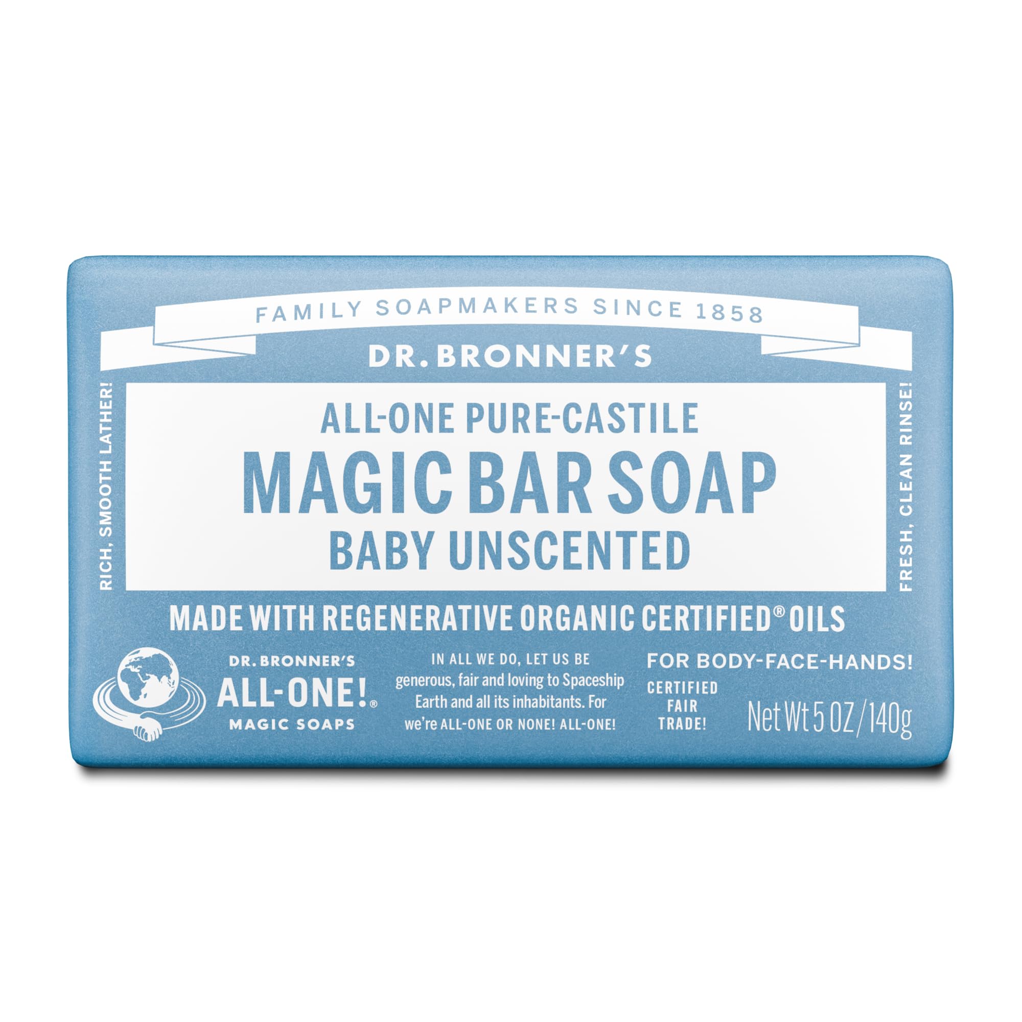 Dr Bronner's 3-in-1 Baby Unscented Pure-Castile Bar Soap, Made with Organic Oils with No Synthetic Fragrances, Used for Face, Body and Hair, Certified Fair Trade & Vegan Friendly, 140g Bar