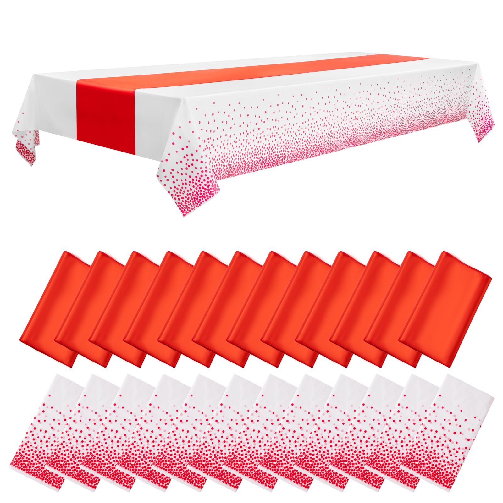 Photo 1 of WDF 16Pack White and Red Plastic Tablecloths Red Table Runners - White Red Dot 54 x 108 Inch Rectangle Plastic Tablecloths 12 x 108 Inch Satin Table Runners Parties/Wedding