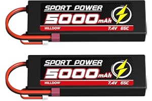 Hilldow 7.4V Lipo RC Battery 2S 65C 5000mAh Lipos Hard Case Batteries Rechargeable with Dean-Style T Connector for 1/8 1/10 RC Car Trucks Remote Control Vehicles LKW Buggy Boats (2 Packs)