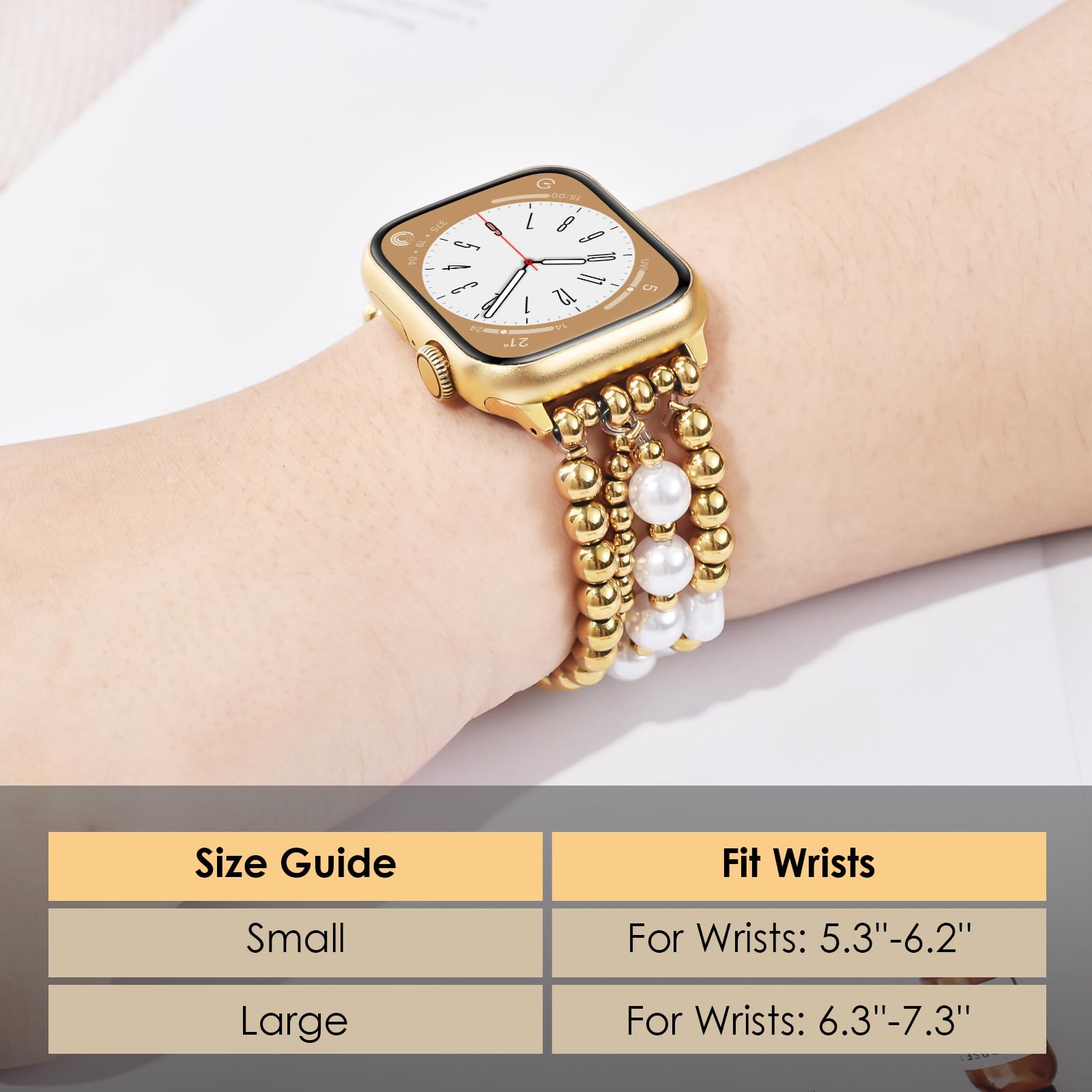 AIRSPO Gold Beaded Bracelets Compatible for Apple Watch Band 38mm 40mm 41mm 42mm 44mm 45mm Women, Fashion Handmade Dressy iPhone Watch Bands Elastic Strap for iWatch Series SE 8 7 6 5 4 3 2 1
