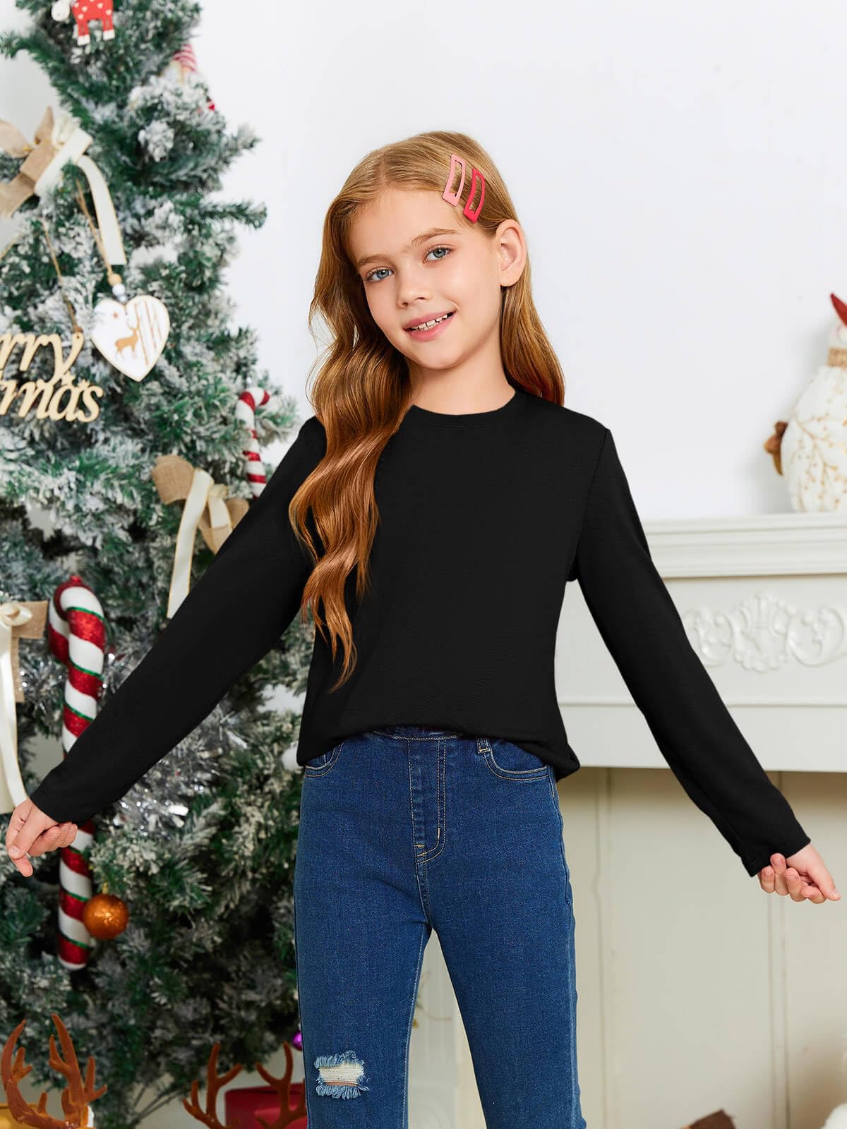 Haloumoning Girls Long Sleeve T Shirts Kids Fall Tops Crewneck Basic Tees 5-14Y