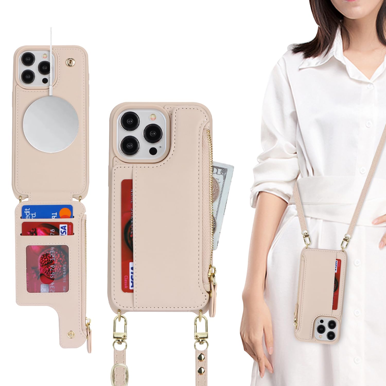 SailorTech for iPhone 12 Pro Max Case with Credit Card Holder magsafe, iPhone 12 Pro Max Phone Leather Case Wallet for Men Crossbody with mag safe Zipper Shockproof Case for Women - Beige — image 1