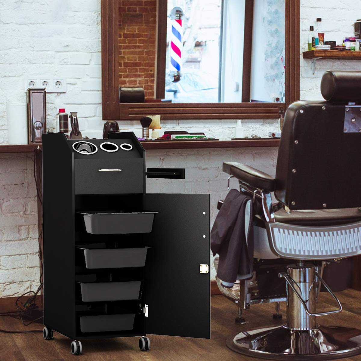 Redd Royal Salon Storage Trolley Cart for Hair Stylist with Wheels, 4 Drawers, Locks and 2 Keys, Spa Utility Carts w/Hairdryer Holder (Black): Beauty