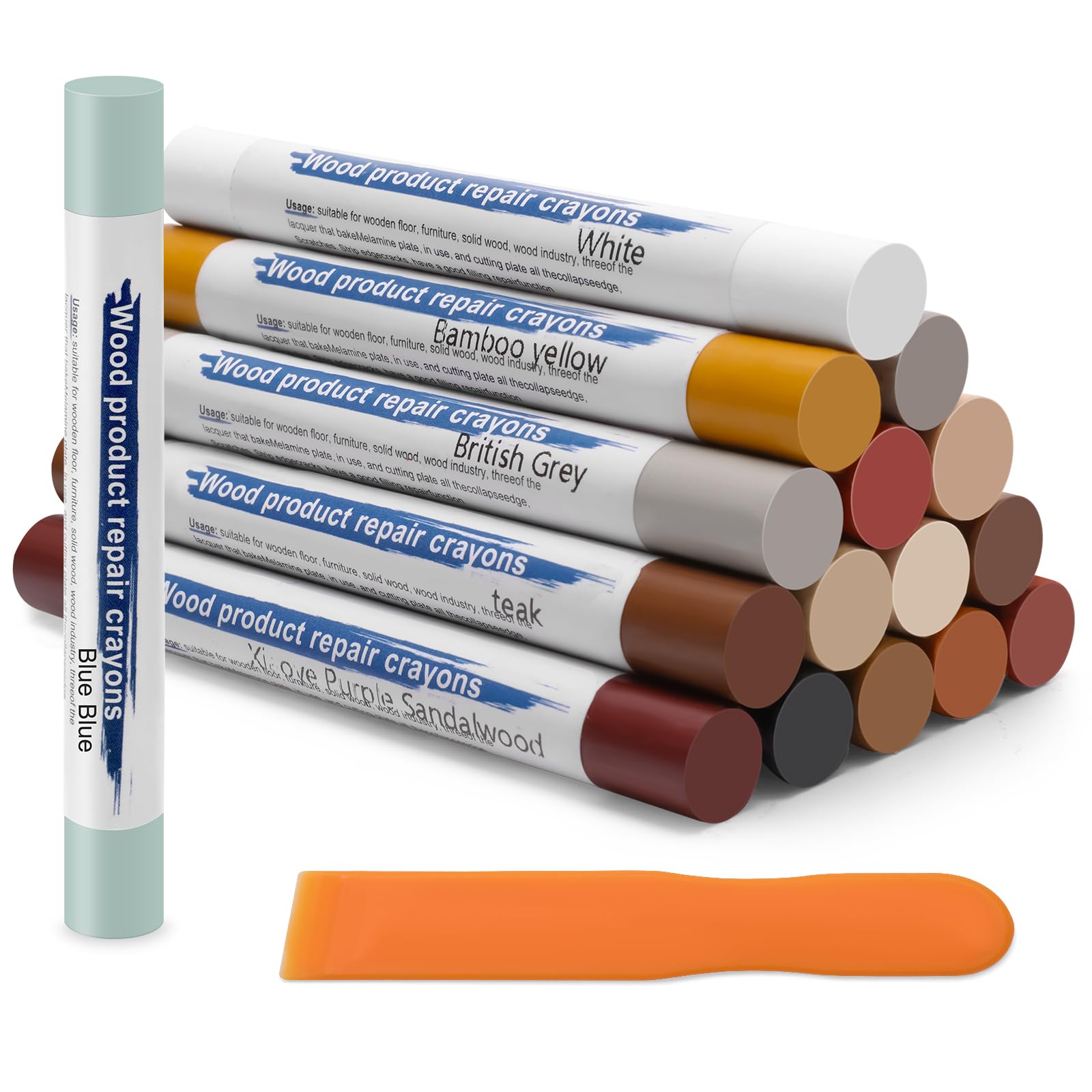 COITEK 16+1P Wax Filler Sticks, for Repair Crayons Painted with Cow Wood Products, 16 Colors Wood Wax Crayons Wood Filler Stick with Scraper