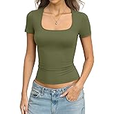 Eachyes Womens Square Neck Short Sleeve Shirts Slim Fitted Casual Tops Basic Tees Summer Outfits Clothes 2026