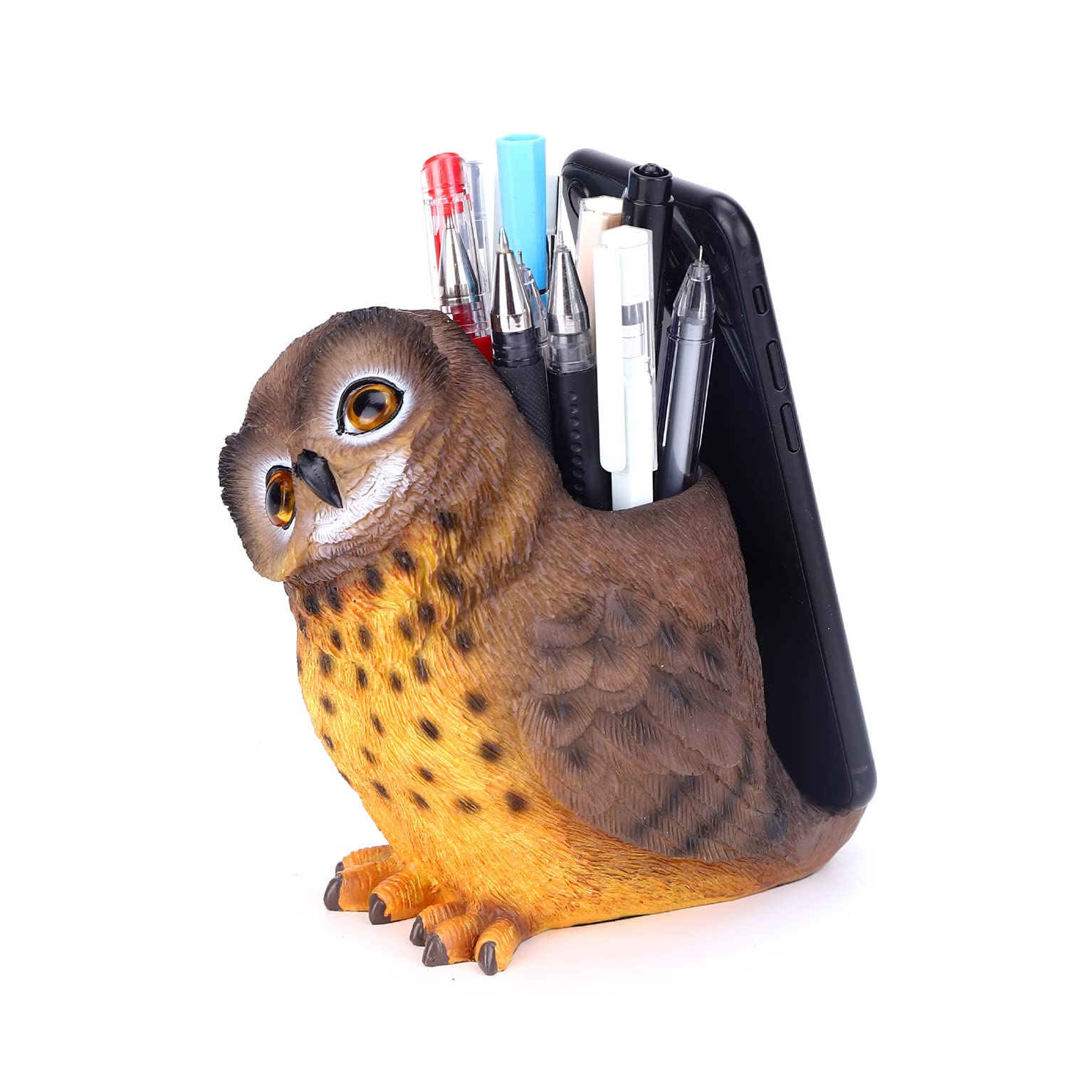 NCQIXIAO Owl Pen Holder Cute Resin Pen Holder for Desk Organizer Decoration Luxury Gift and Exquisite Handicraft (Brown&Yellow)