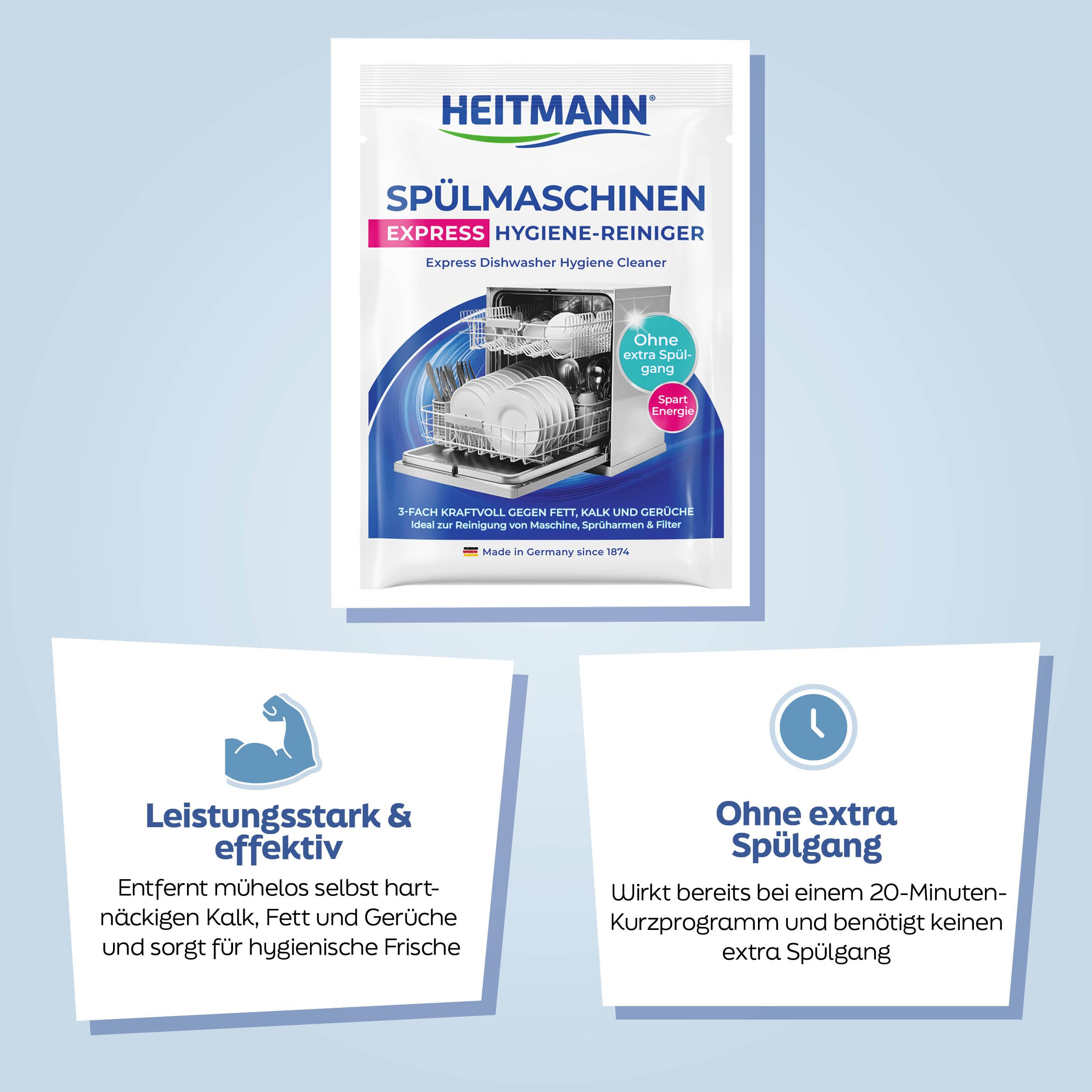 HEITMANN Express Spülmaschinenreiniger | Dreifach-aktiv gegen Fett, Kalk & Gerüche | Maschinenreiniger für Geschirrspüler – wirkt im Kurzprogramm | Für Sprüharme, Filter & Innenraum | 30 g 4