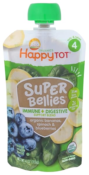 HAPPY TOT ORGANICS SUPER BELLIES STAGE 4 IMMUNE + DIGESTIVE SUPPORT BLEND ORGANIC BANANAS, SPINACH & BLUEBERRIES POUCH 4 OZ