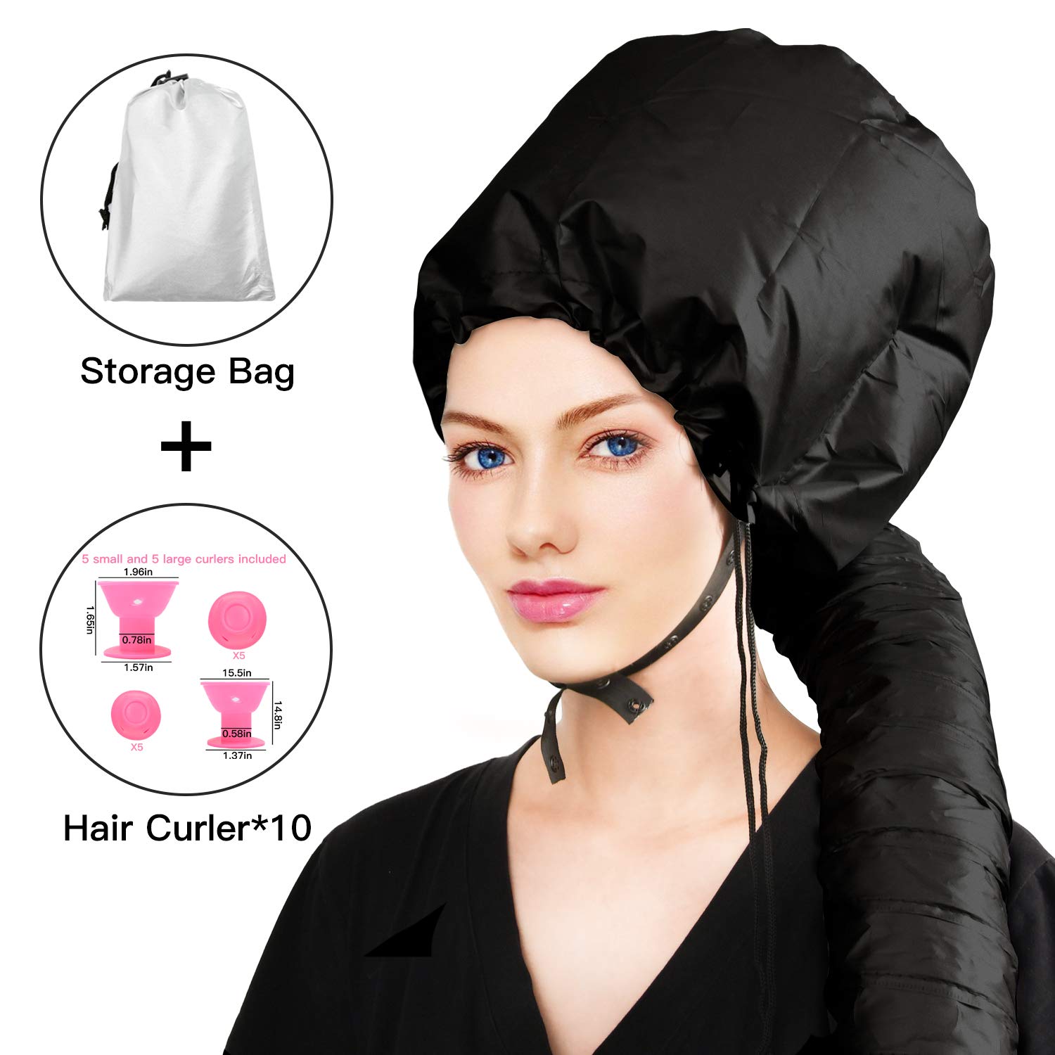 Bonnet Hair Dryer Attachment - 10 Silicone Hair Curlers, Easy to Use for Styling, Curling & Deep Conditioning-Soft Hooded Hair Dryer, Adjustable, Fits to All Small or Big Heads, Rollers