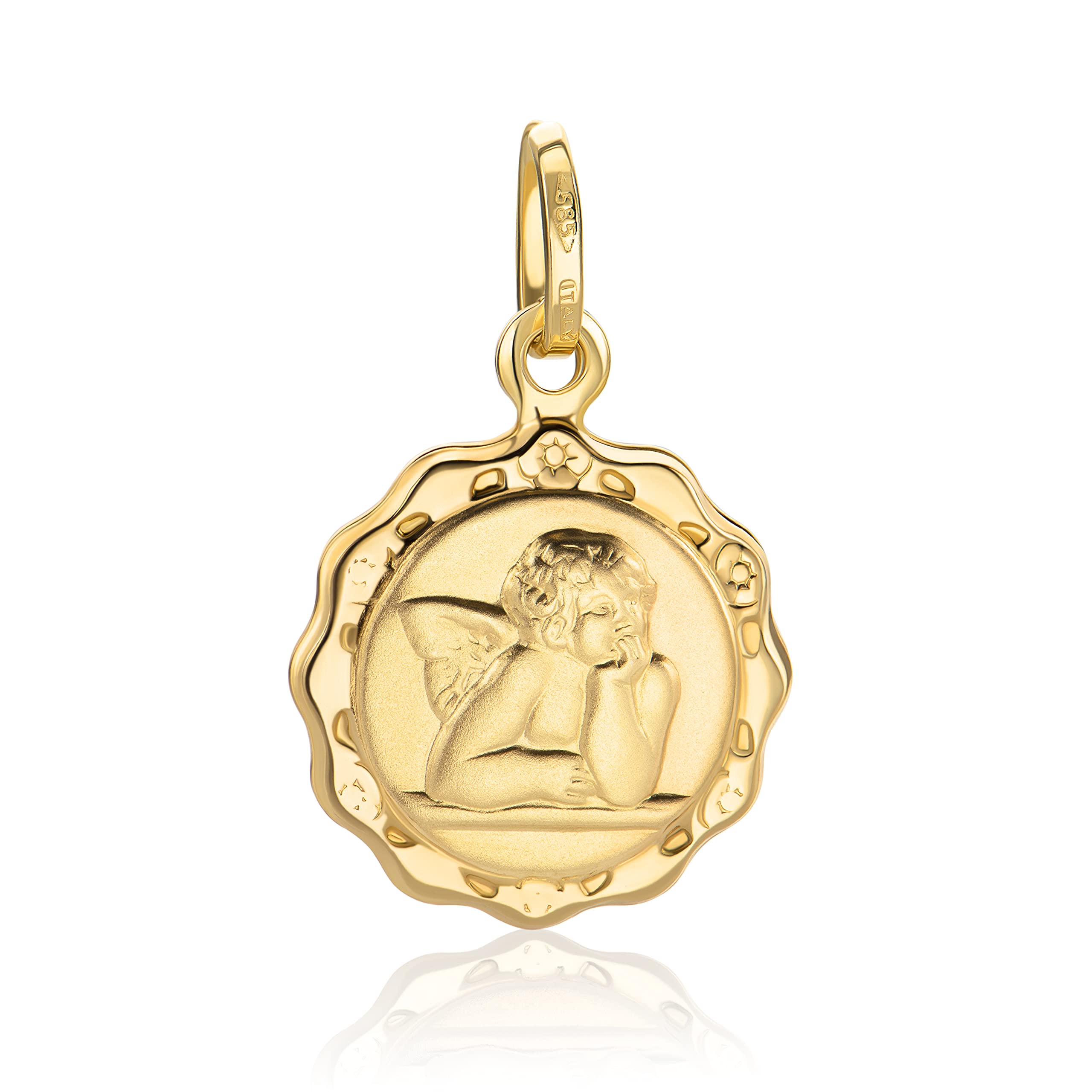 14 Carat 585 Gold Round Protection Angel Pendant Yellow Gold
