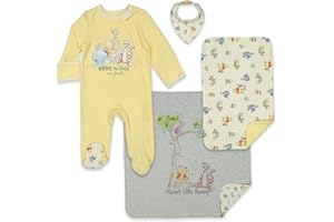 Disney Winnie The Pooh Newborn Baby Boys Sleep N Play Coverall Bib Blanket and Burp Cloth 4 Piece Outfit Set 0-6 Months