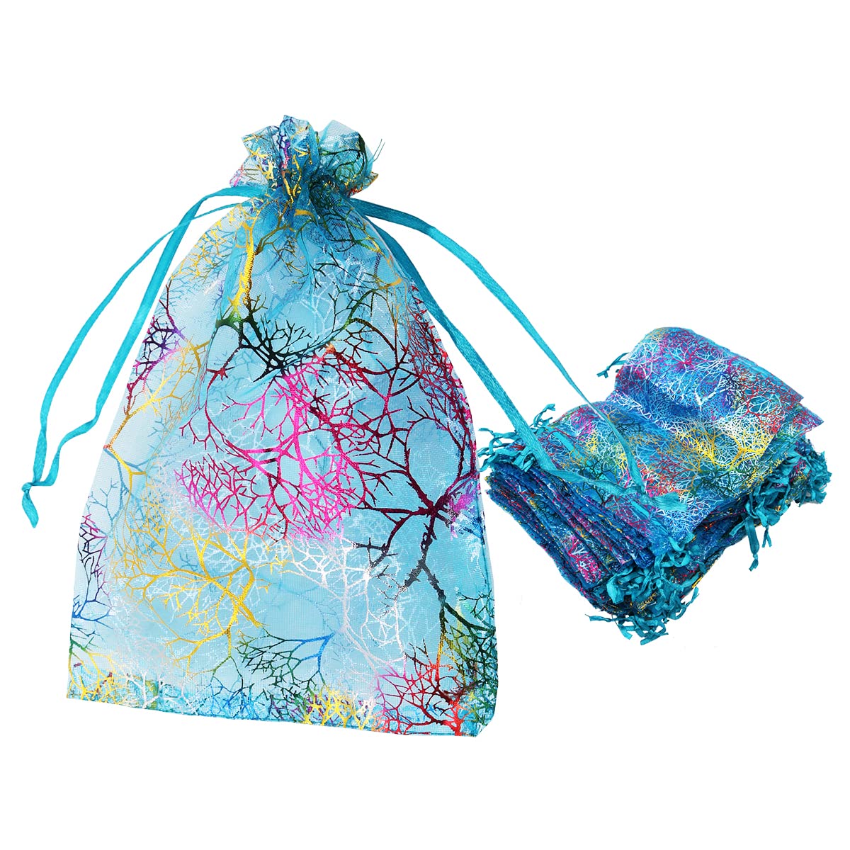 WANGCL 100Pcs Coral Pattern Organza Drawstring Bags Candy Pouch Chocorate Pouch Party Wedding Favor Gift Bag 13 x 18cm (Blue)