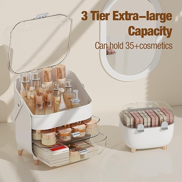 CLBDRESS MAKEUP ORGANIZER FOR VANITY WITH PERFUME STORAGE BOX, COUNTERTOP SKINCARE ORGANIZER WITH 2 DRAWERS, COSMETIC DISPLAY CASE FOR PERFUMES, EYESHADOW PALETTES, NAIL POLISHES, PINK