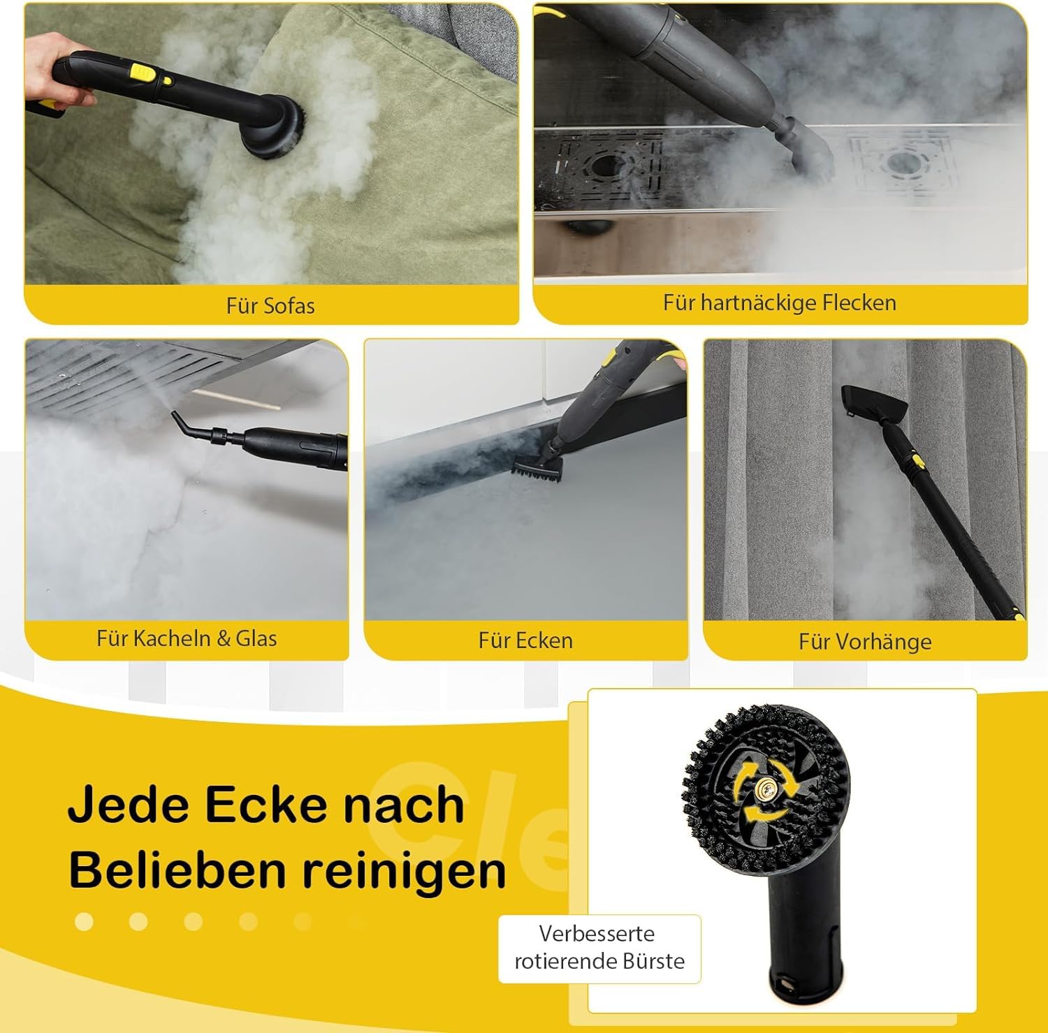 RELAX4LIFE Dampfreiniger 2000W, Dampfdruck: 5 bar, Tank: 1,8 L, Temperatur bis zu 160℃, Aufheizzeit: 8 min., Flächenleistung: 108 m², Steam Cleaner inkl. 13 Zubehör für Boden, Teppich, Fenster (Gelb) 6