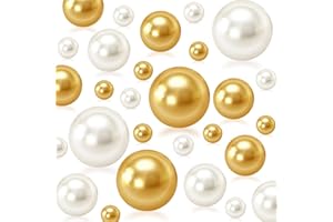 CUSMATION 150Pcs Cream&Gold Polished No Hole Faux Pearl Beads for Vase Filling Decorations, Plastic Pearls Vase Fillers, Table Scatters, Wedding Centerpiece, Home Decor, 8/14/20 mm