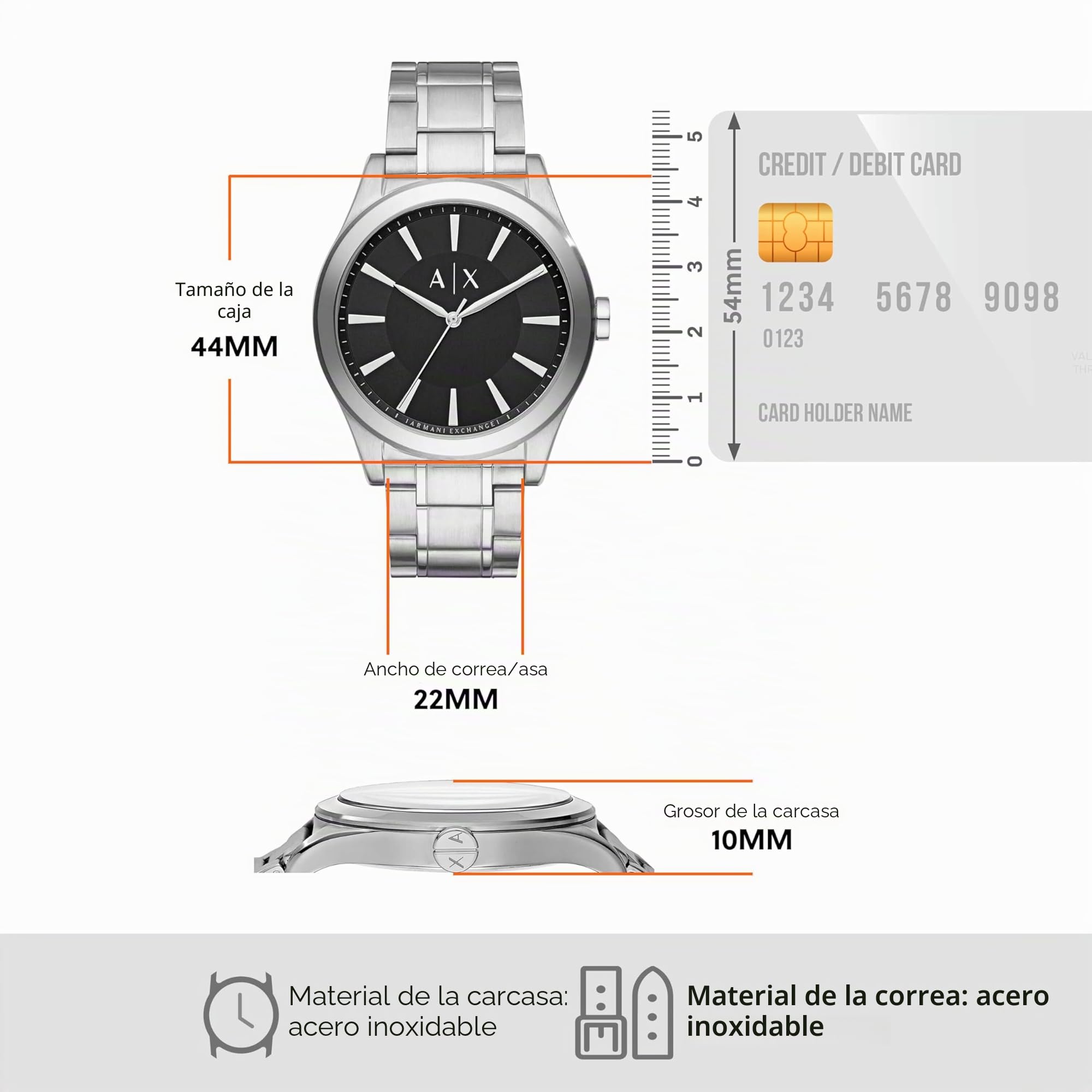 Relojes para hombre, Movimiento fecha trifunción de cuarzo y caja de 44 mm con correa de acero, Tono plateado y grafito