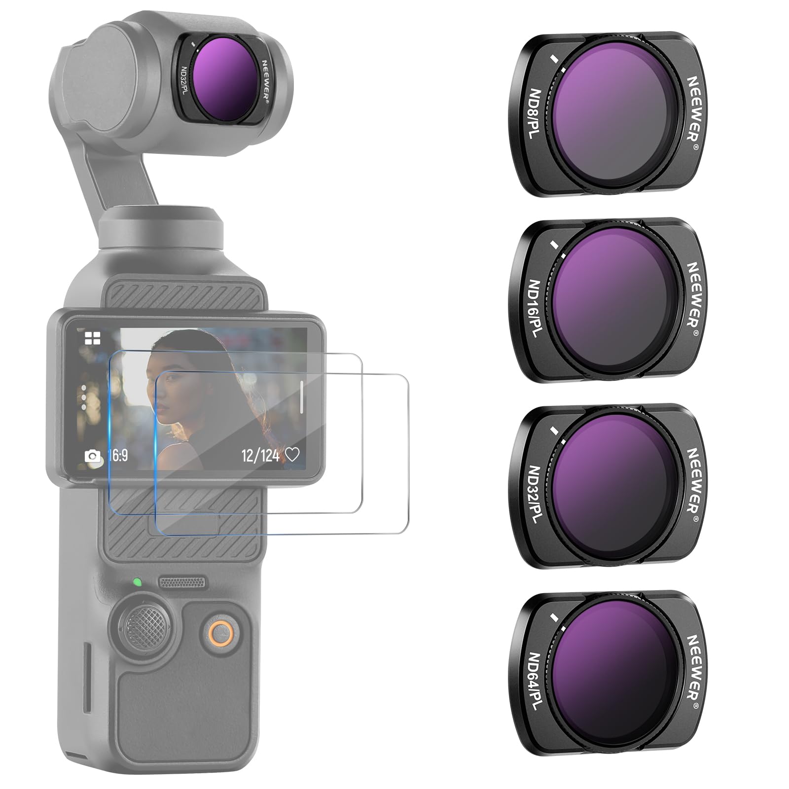 NEEWER Magnetic ND / PL Filter Set Compatible with DJI Osmo Pocket 4 & Pocket 3 Creator Combo Accessories, Action Camera 4 Pack ND8/PL ND16/PL ND32/PL ND64/PL Filters Kit with 2 LCD Protectors