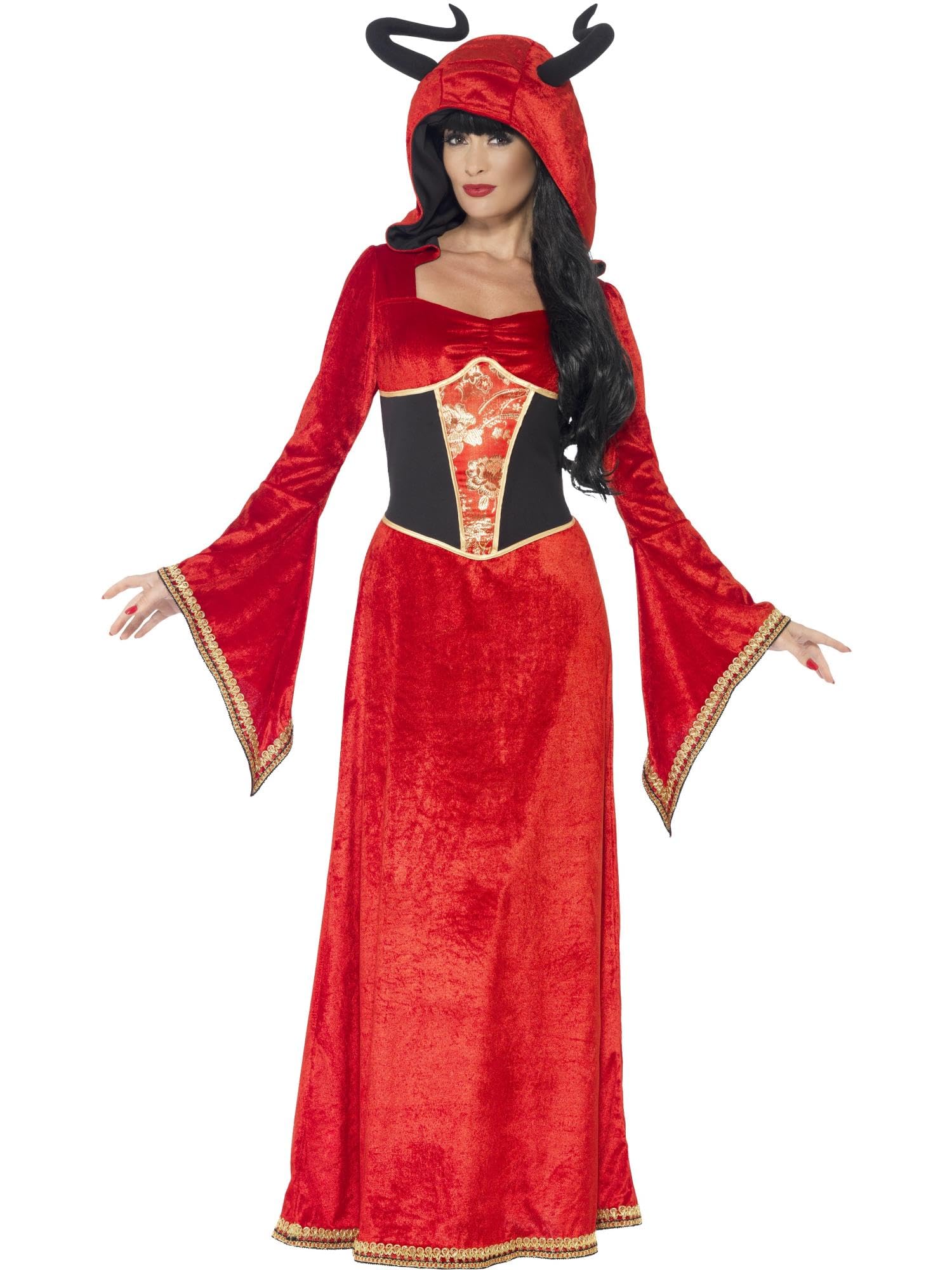 Smiffys Demonic Queen Costume, Red with Dress & Attached Horns, Halloween Adult Fancy Dress, Demon Dress Up Costumes